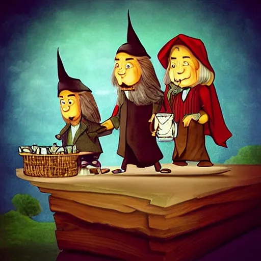 Prompt: “three wizards traveling through time to visit grandma's for dinner, realistic”