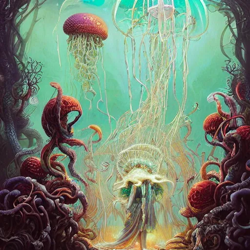 Prompt: A painting of priestesses worshipping at the jellyfish temple, shrouded in mist, jellyfish god, jellyfish priestess, jellyfish shrine maiden, 8K, illustration, art by by Alvaro Castagnet, Peter Mohrbacher and Dan Mumford, smoke, undersea temple with fish, cinematic, insanely detailed and intricate, hypermaximalist, elegant, super detailed, award-winning, magenta and crimson and cyan, rainbow accents, iridescence, bioluminescence, mysterious, ancient, ritual, trending in cgsociety, artstation HQ, ornate, elite, haunting, matte painting, beautiful detailed, insanely intricate details, dreamy and ethereal, otherworldly