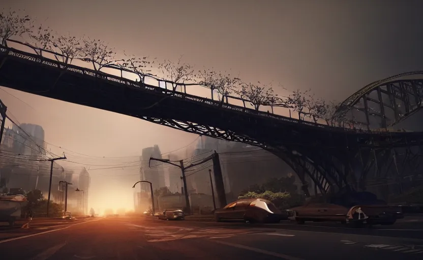 Image similar to explosions in the form of realistic cotton plants cover harbour bridge, smooth, sharp focus, highly detailed, 3 d octane render, epic lighting, dark atmosphere, lots of cotton plants, rusty cars, 8 k, by goro fujita