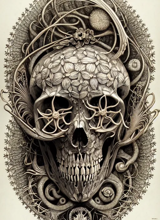 Image similar to art forms of nature by ernst haeckel, memento mori by arthur rackham, ornate antique porcelain beautiful skull mask, ultrasharp, photorealistic, hyperdetailed, octane render, polished, art nouveau, neo - gothic, gothic, intricate ornamental organic filigree, art nouveau botanicals, art forms of nature by ernst haeckel, horizontal symmetry, symbolist, visionary