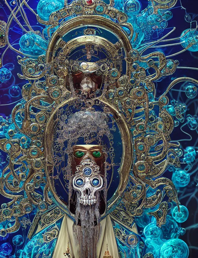 Prompt: russian orthodox icon macro close - up portrait with mask made of ram skull. betta fish, jellyfish phoenix, bioluminiscent, plasma, ice, water, wind, creature, super intricate ornaments artwork by tooth wu and wlop and beeple and greg rutkowski