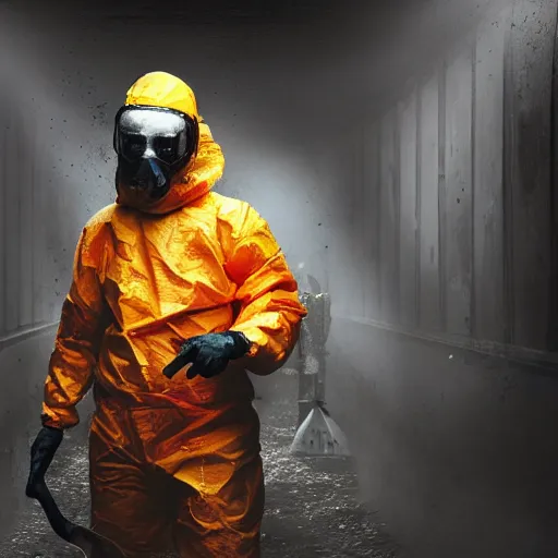 Prompt: still from the movie saw, low angle skewed shot of a man in a bloody hazmat suit, big shovel, blood, (horror), award winning photo, high detail, atmospheric, 8k