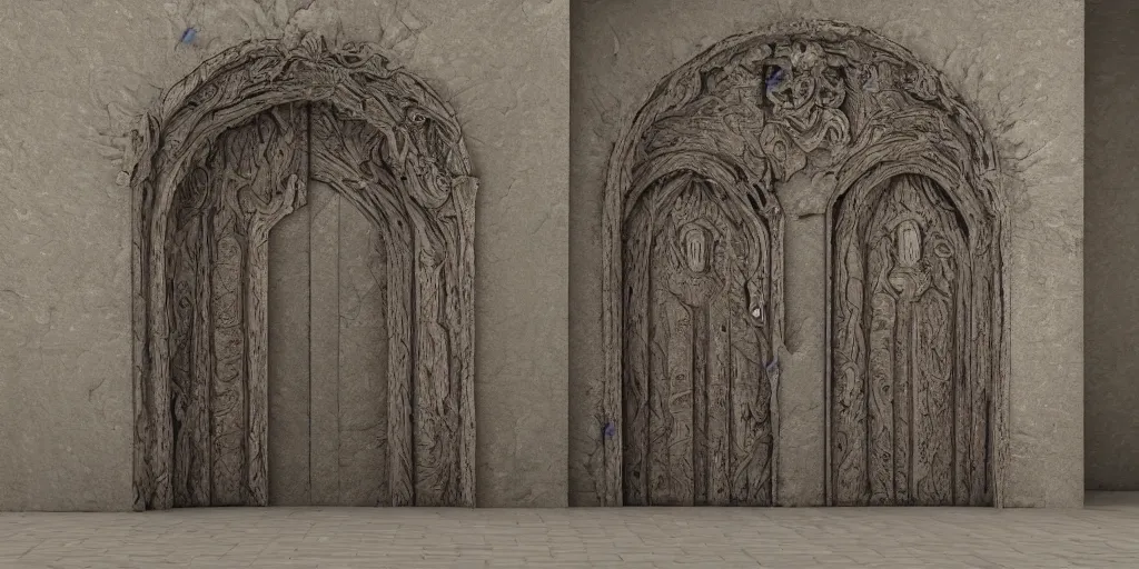 Image similar to 3 d render of a mystical door, ultra detailed with carved stone