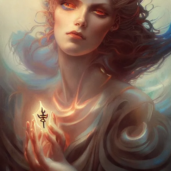 Image similar to a highly detailed beautiful portrait in the style of peter mohrbacher and in the style of jean delville. glowing runes of magical power.