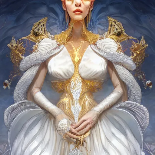 Image similar to a beautiful woman wearing a white dress made of silk with golden ornaments and diamonds jewelry by alex gray and android jones , Karol Bak, Ayami Kojima, Amano , concept art, character design, fantasy,3D, 8k resolution