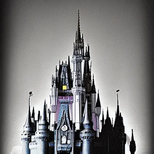 Prompt: Cinderella castle in the style of Scary Stories to tell in the Dark