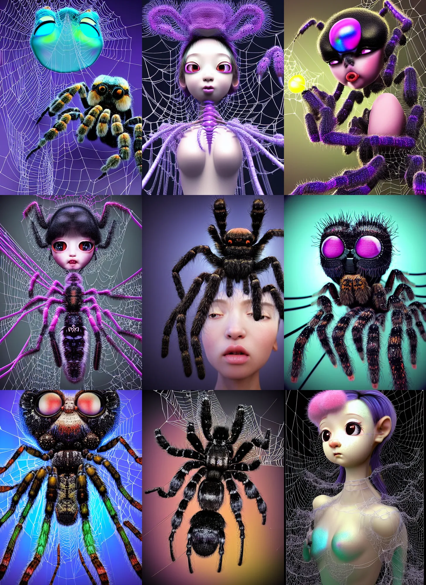 Prompt: intricately detailed 3d render like a Oil painting - slightly kawaii portrait Aurora (a black haired tarantula headed flapper-girl from the future body with spider head) seen Eating of the Strangling network of (wires and cables) and drippng milky Fruit and Her delicate pedipalps hold of gossamer bring iridescent iron coals whose ashes black the foolish stars by Jacek Yerka, Ilya Kuvshinov, Glenn Barr, Mariusz Lewandowski, Houdini algorithmic generative render, Abstract brush strokes, Masterpiece, Edward Hopper and James Gilleard, Cronenberg, Mark Ryden, Wolfgang Lettl, hints of Yayoi Kasuma, octane render, 8k