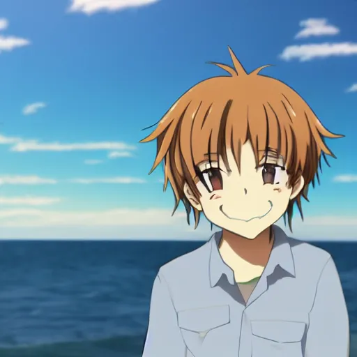 Image similar to Anime boy standing on the beach, smiling at the camera. Blue sky. Anime Still frame.