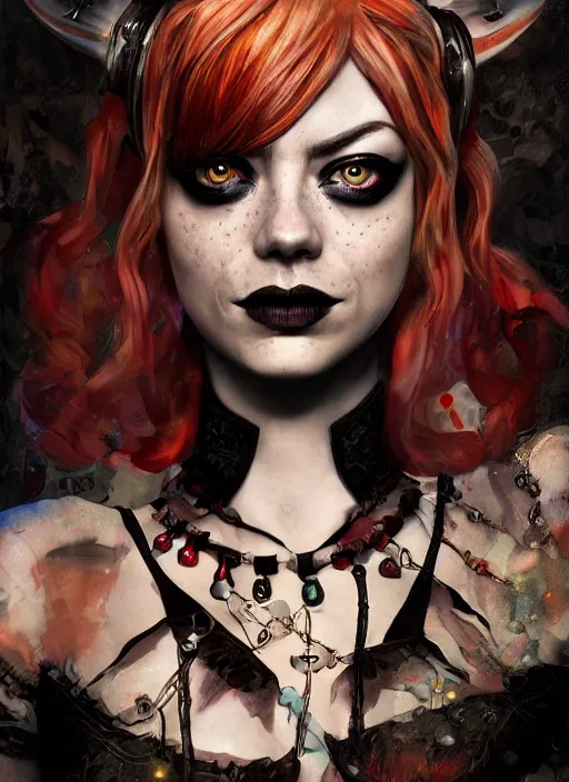 Image similar to underwater dark goth gothic steampunk portrait of emma stone as harley quinn, full moon, hyper detailed, digital art, cinematic lighting, studio quality, smooth render, unreal engine 5, octane rendered, art style by klimt and nixeu and ian sprigger and krenz cushart.