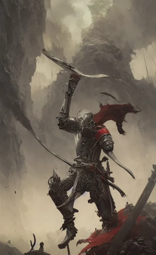 Prompt: distant view of medieval knight cutting in half a pirate, front game card, drark, marvel comics, dark, intricate, highly detailed, smooth, artstation, digital illustration by ruan jia and mandy jurgens and artgerm and wayne barlowe and greg rutkowski and zdislav beksinski