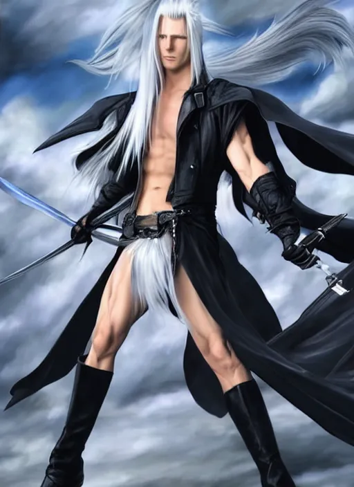 Image similar to sephiroth from final fantasy posing for art, beautiful, sharp detail, realistically detailed shading, 8 k, hyper realistic art, photo realism, robin eley, artstation, hyper realistic oil painting