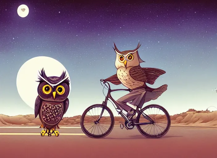 Image similar to a cell shaded cartoon owl riding a bicycle, with a big head, on a desert road, wide shot, in front of a big moon, muted colors, post grunge, josan gonzales, wlop, by james jean, victor ngai, hq, deviantart, art by artgerm