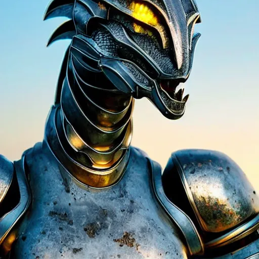 Prompt: chest up shot, realistic detailed stunning beautiful armored humanoid robot anthropomorphic female dragon, looking to the side with an elegant pose of hand on hip, smooth and streamlined armor and design made of steel, sharp claws and sharp teeth, high quality head, Slick LEDs, standing on two legs, on the beach during sunset, high quality, cinematic art, sci fi, sunset lighting, 3D render, 8k, artstation, deviantart, furaffinity