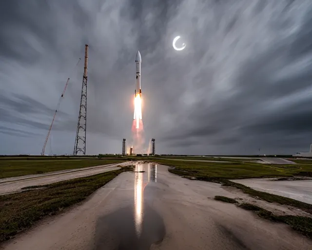 Prompt: landscape photography by marc adamus, artemis moon rocket arrives at cape canaveral launch pad ahead of historic mission, dramatic lighting, clouds, beautiful