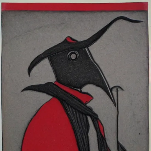 Image similar to etching of a plague doctor, black and red