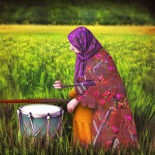 Image similar to a babushka playing drums in a field full of herbs, digital art