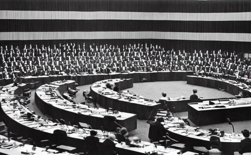 Image similar to 60s movie still of a soviet congress, by Irving Penn , Cinestill 800t 35mm black and white, heavy grainy picture, very detailed, high quality, 4k, HD criterion, precise texture, CCCP flag