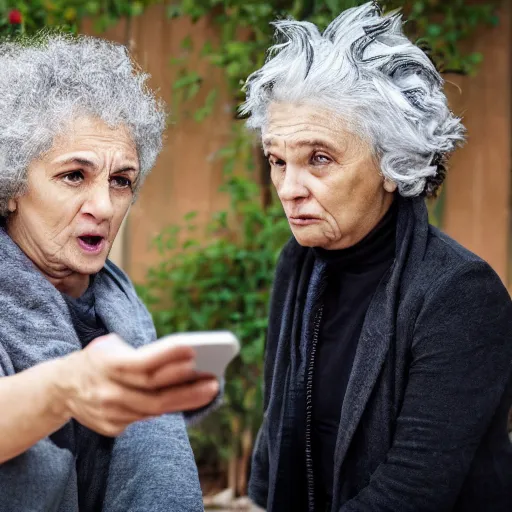 Image similar to astonished and angry middle aged lady looking at smartphone, wild hair, greek ethnicity, straight grey hair, angry eyes, photo, realistic, outdoor lighting, 4 k, 8 k, hd, 3 9 mm lens