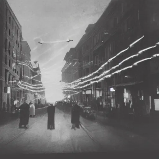 Image similar to grainy 1800s photo of a city street with flying drones and electricity sparking above
