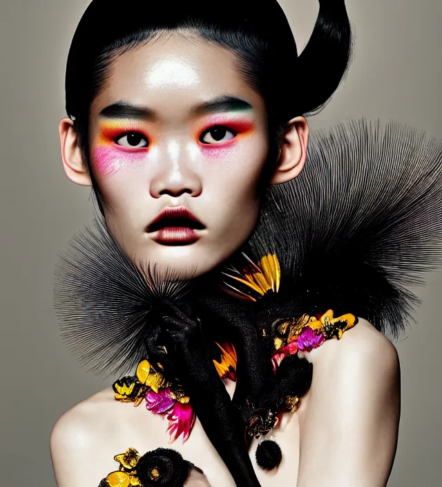 Prompt: photography american portrait of stunning model ming xi. great hair style, half in shadow, natural pose, natural lighing, rim lighting, wearing an ornate stunning sophisticated outfit created by iris van herpen, with a colorfull makeup by benjamin puckey, highly detailed, skin grain detail, photography by paolo roversi