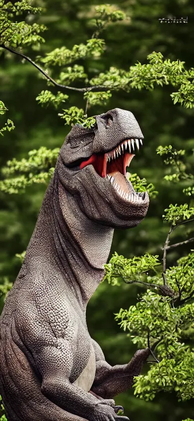 Image similar to “ a portrait photo of tyrannosaurus at a sakura tree, side shot, by shunji dodo, 8 k resolution, high quality ”