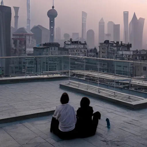 Image similar to a small rooftop with a couple of people sitting and watching the view, wearing black modern clothes, messy hair, modern shanghai bund in smog is on the background, sunset, pale colors, by gregory crewdson