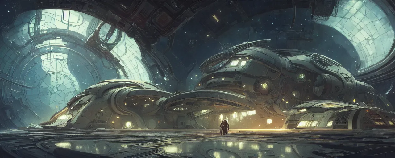 Image similar to a outside view of abandoned space station in the deep space, fantasy, intricate, elegant, highly detailed, digital painting, artstation, concept art, smooth, sharp focus, illustration, art by artgerm and greg rutkowski and alphonse mucha