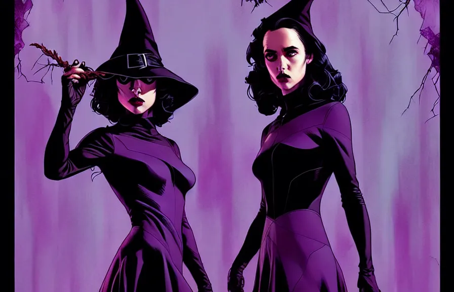 Prompt: rafael albuquerque comic cover art, artgerm, joshua middleton, pretty stella maeve witch doing black magic, serious look, purple dress, symmetrical eyes, symmetrical face, long black hair, full body, twisted evil dark forest in the background, cool colors