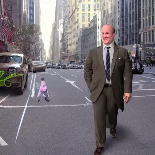 Image similar to shrek walking on new york street wearing a suit , hyperrealistic