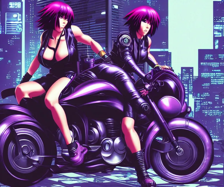 Image similar to motoko kusanagi riding a cyberpunk vehicle in a grungy cyberpunk megacity, bosozoku gang war, cyberpunk vaporwave, by phil jimenez, artgerm, sola digital arts, anti aliasing, raytracing