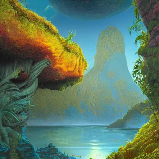 Image similar to digital painting of a lush natural scene on an alien planet by gerald brom. digital render. detailed. beautiful landscape. colourful weird vegetation. cliffs and water.