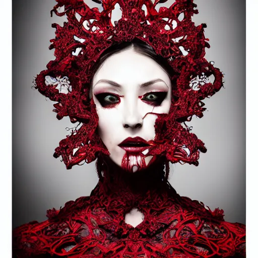 Image similar to a female model by stefan geselle and nekro borja, photorealistic, biomechanical, red lace, intricate details, hyper realistic, ornate headpiece, dark beauty, photorealistic, canon r 3, photography, wide shot, photography, dark beauty, symmetrical features