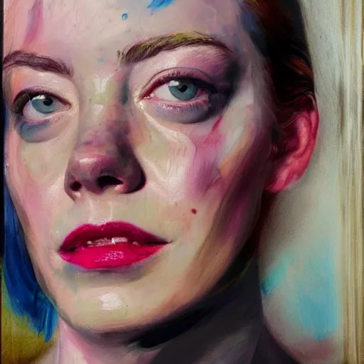 Prompt: pink blue gilded ink smoke portrait of emma stone, by Jenny Saville, oil on canvas, painterly brushwork