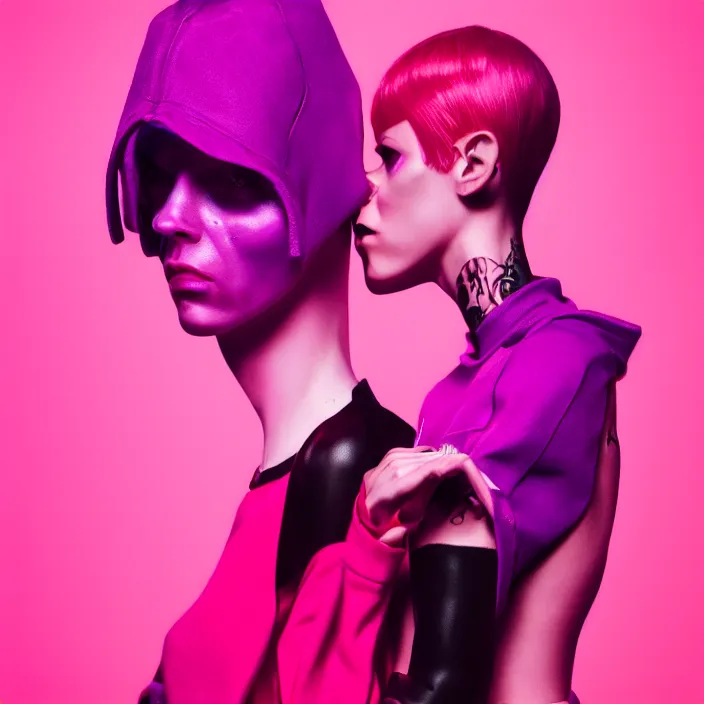 Prompt: beautiful girl dressed in Die Antwoord style wear, balenciaga fashion, glowing purple, vibrant red, fashion studio lighting, cinematic, high realistic,vogue magazine style, trending on artstation