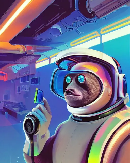 Prompt: sloth as future coder man looking on, sleek cyclops display over eyes and sleek bright headphoneset, neon accent lights, holographic colors, desaturated headshot portrait digital painting by dean cornwall, rhads, john berkey, tom whalen, alex grey, alphonse mucha, donoto giancola, astronaut cyberpunk electric