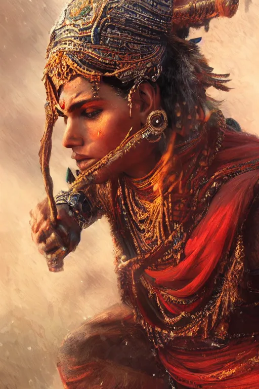 Image similar to hindu warrior, close - up portrait, fierce, intricate, elegant, volumetric lighting, scenery, digital painting, highly detailed, artstation, sharp focus, illustration, concept art, ruan jia, steve mccurry