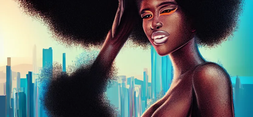 Image similar to portrait of a beautiful black woman with afro hair, cyberpunk rio de janeiro background, digital art, trending on artstation, brushstrokes, backlit, corcovado on the background