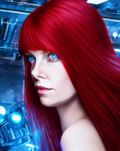 Image similar to perfect red haired attractive goddess with blue eyes, beautiful, symmetric, dreamy, pretty face, charlize theron, detailed, scifi platform, laboratory, experiment, 4 k, ultra realistic, epic lighting, illuminated, cinematic, masterpiece, art by sakimi chan