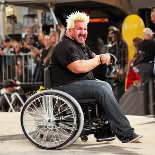 Image similar to guy fieri in a wheel chair, going down stairs, action, hd