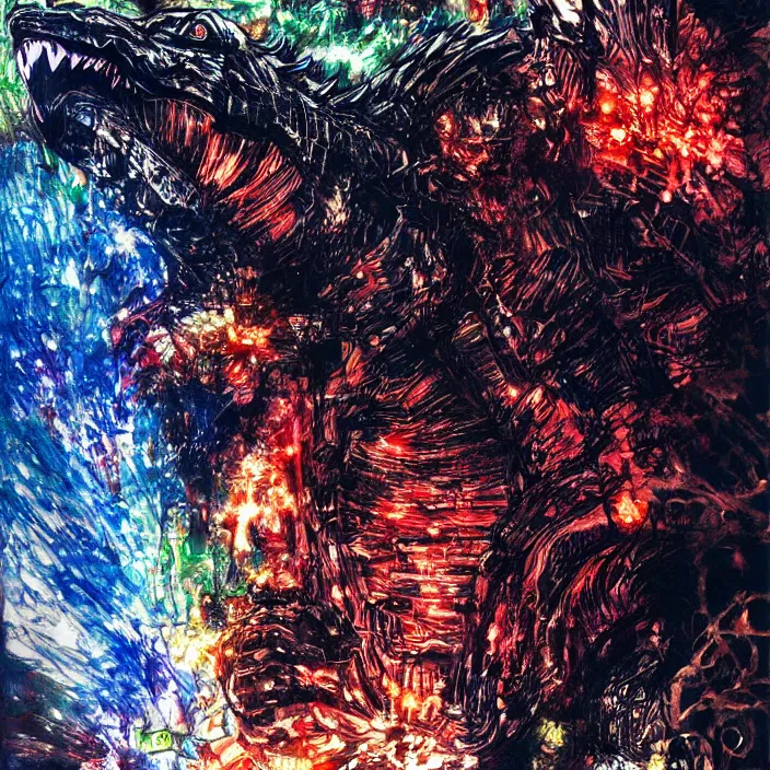 Image similar to godzilla _ painting, glowing lights by greg ruthowski yoshikata amano _ yoji _ shinkawa _ alphonse _ murac _ collaborative _ artwork _ beautifully _ drawn