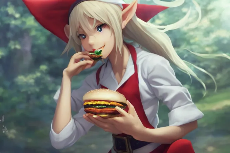 Image similar to adorable elf girl eating a burger, single subject, scenic full shot, ambient lighting, white hair, detailed face, by makoto shinkai, stanley artgerm lau, wlop, rossdraws