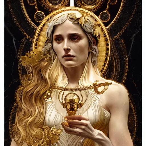 Image similar to portrait of Hecate as a marble statue skeleton, greek mythology, gold crown and filaments, intricate, headshot, highly detailed, digital painting, artstation, concept art, sharp focus, cinematic lighting, illustration, art by artgerm and greg rutkowski, alphonse mucha, cgsociety