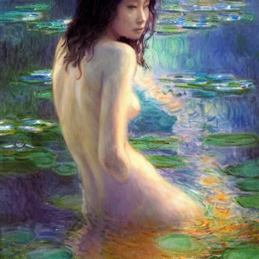 Image similar to the oracle of waters by ross tran and claude monet, oil on canvas