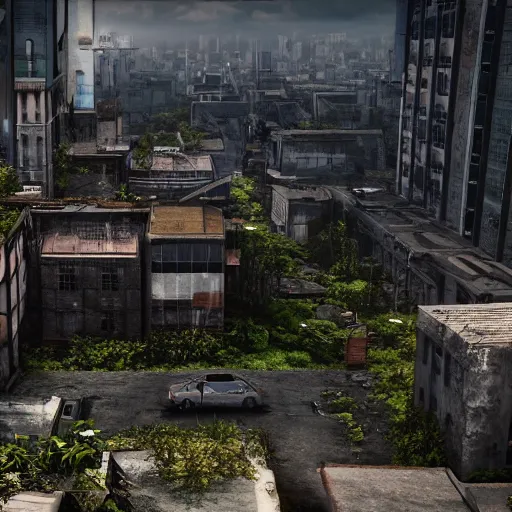 Image similar to a world fallen by disease, cities completely wasted away, nature taken over and grow over buildings, high quality photorealism, cinematic, epic, Deviantart, Octane render