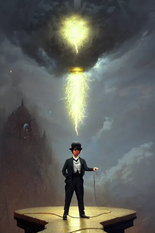 Image similar to highly detailed portrait of charlie chaplin as the god zeus holding thunder, stephen bliss, unreal engine, fantasy art by greg rutkowski, rhads, ferdinand knab, makoto shinkai and lois van baarle, ilya kuvshinov, rossdraws, tom bagshaw, global illumination, radiant light, detailed and intricate environment