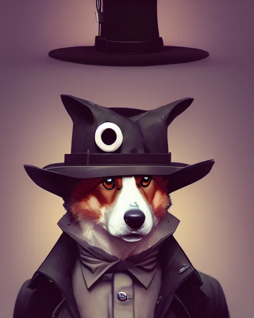 Image similar to corgi portrait, handsome, hat, detective coat, monocle, complex 3 d render by ilya kuvshinov, peter mohrbacher, greg rutkowski, ryohei hase, dramatic lighting, intricate, highly detailed, sharp focus, luminous, unreal engine, blender, artstation, masterpiece, ray tracing