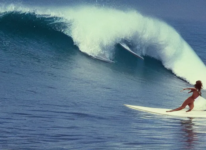 Prompt: color photo of a shark fin in the water beside a surfergirl riding a big wave in the 8 0's