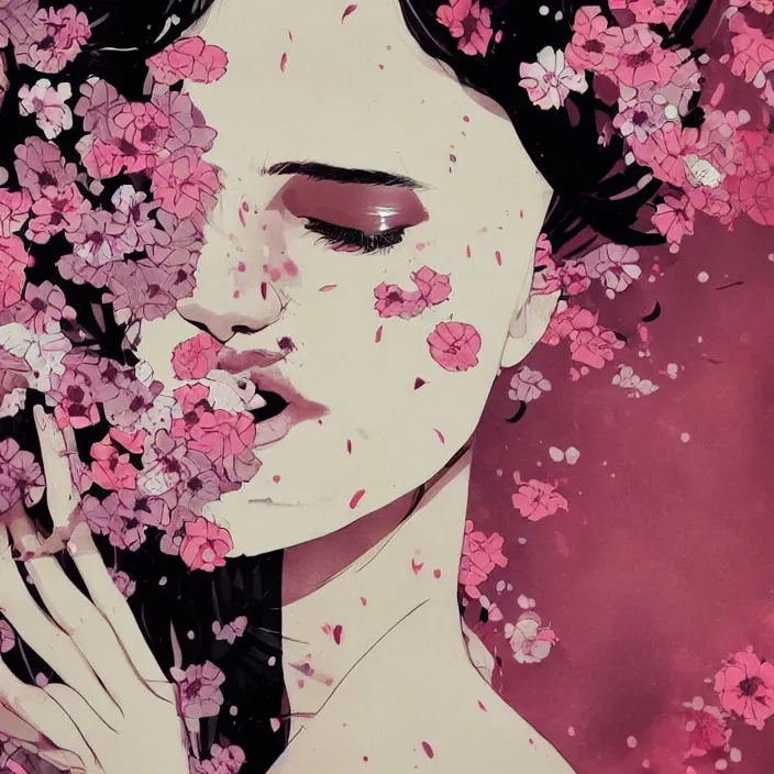 Prompt: candid portrait of very beautiful young filipino woman, surrounded by dramatic swirling smoke and flowers, face partially obscured, dark background, by conrad roset, abstract, trending on artstation