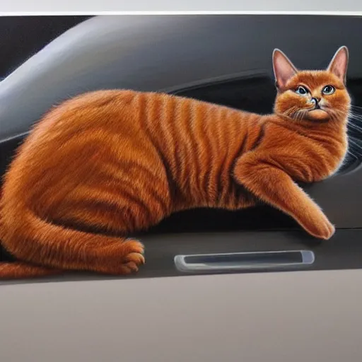 Prompt: a realistic painting of a brown cat on a car highly detailed trending on art station