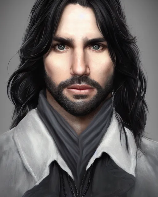 Image similar to portrait of tall, 3 3 - year - old handsome man with long dirty black hair, and ice grey eyes, wearing black clothes, no beard, hyper realistic face, beautiful eyes, character art, art by mark brooks, hyperdetailed, cryengine, trending on artstation, digital art